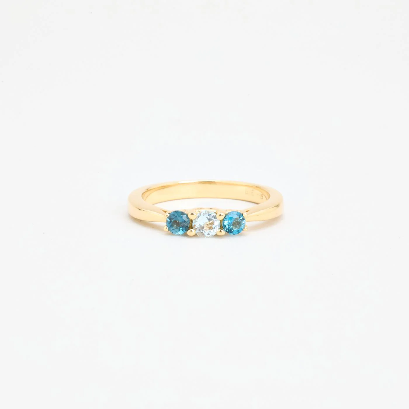 Three stone ring in 14K gold with blue topaz and topaz, size 52